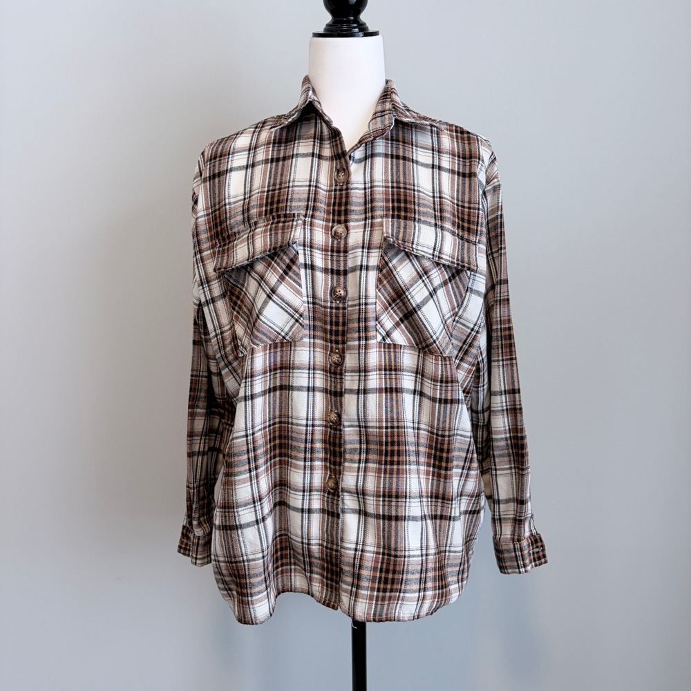 Romwe Plaid Button Down 90s Grunge Oversized Festival Brown Black Women Small